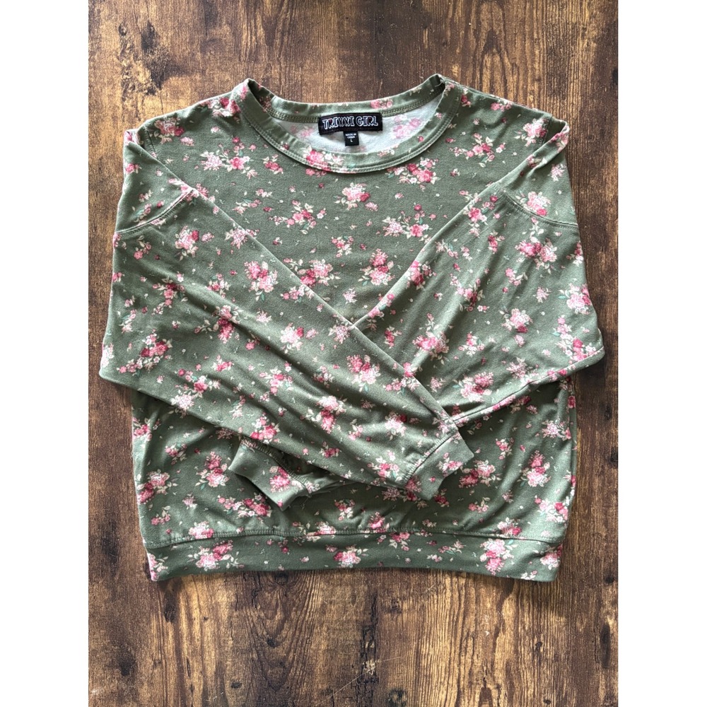 Trixxi Girl Olive Green Pink Floral Long Sleeve Pullover Top Large
